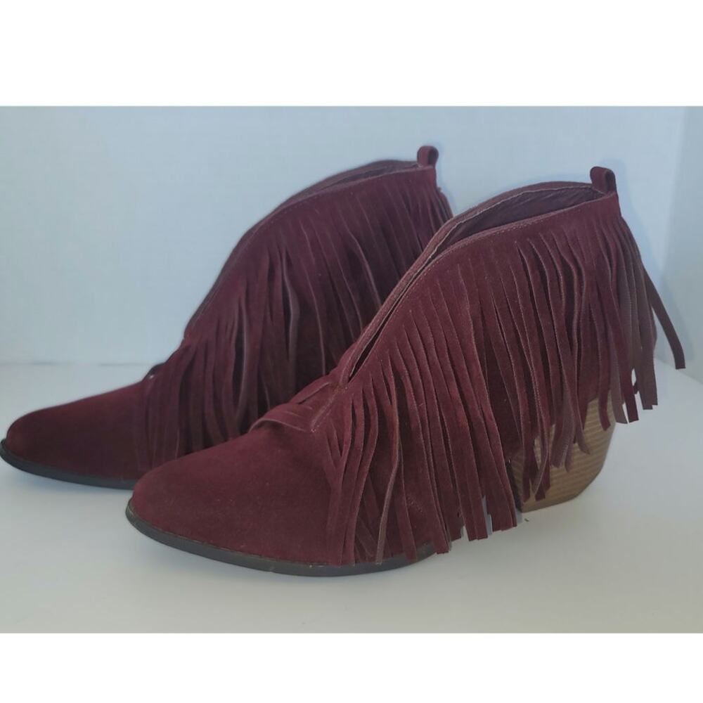 Wild G Maroon Fringe Ankle Booties Faux Suede Slip-on Size 9 Festival Boho - Picture 3 of 8